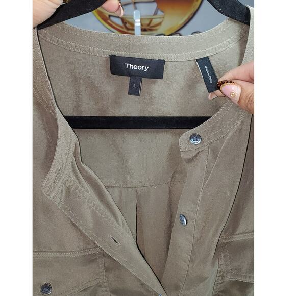 Theory Silk Brown Button Down Blouse Long Sleeve Utility Style Top Size L - Picture 3 of 7